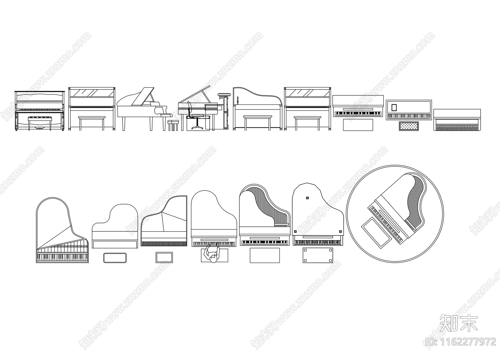 立式钢琴三角琴平面立面施工图下载【ID:1162277972】