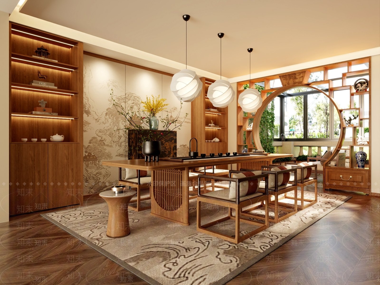 新中式茶室月亮门3D模型下载【ID:1162279447】