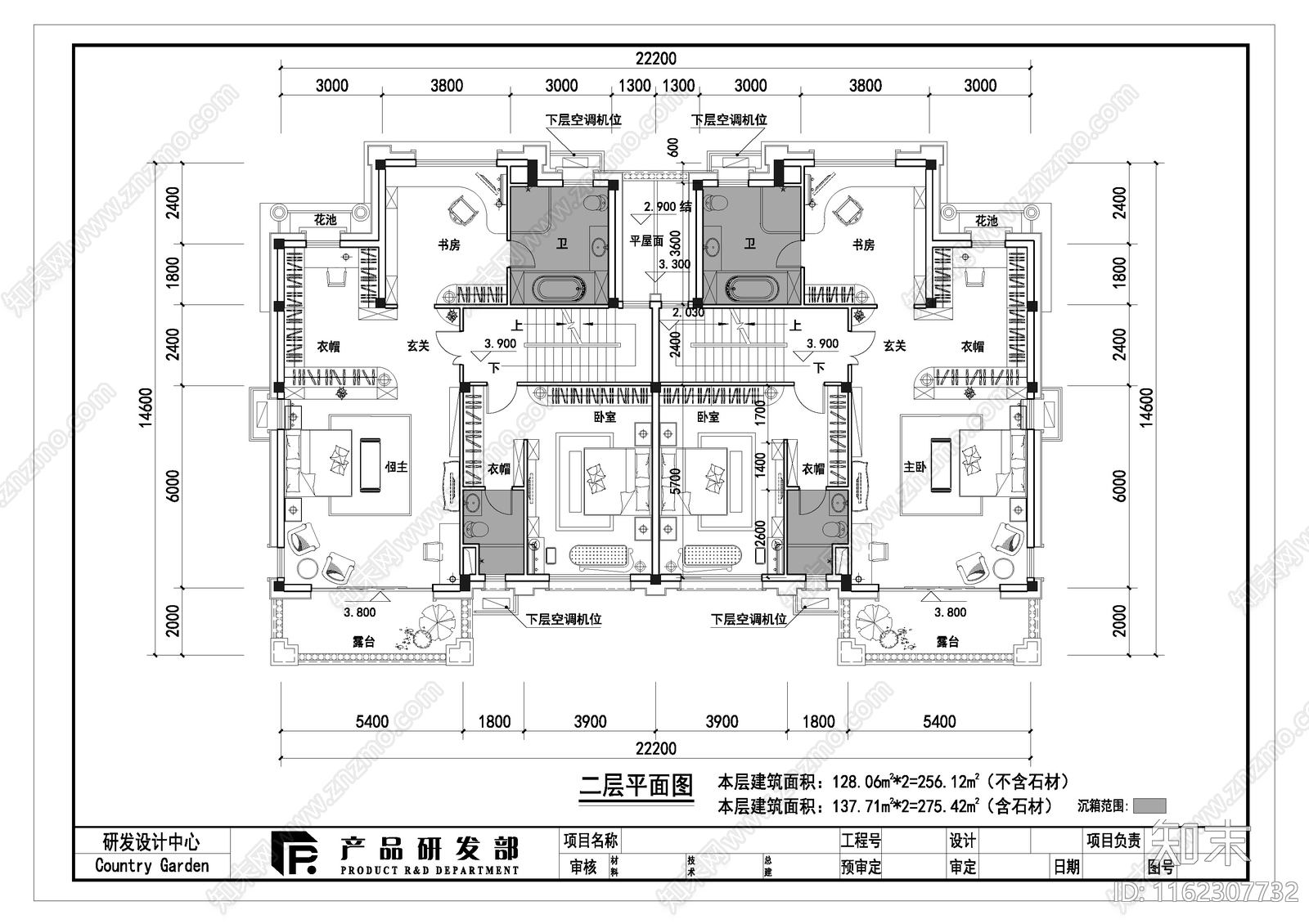 现代石材立面340平米北入口三层双拼别墅cad施工图下载【ID:1162307732】