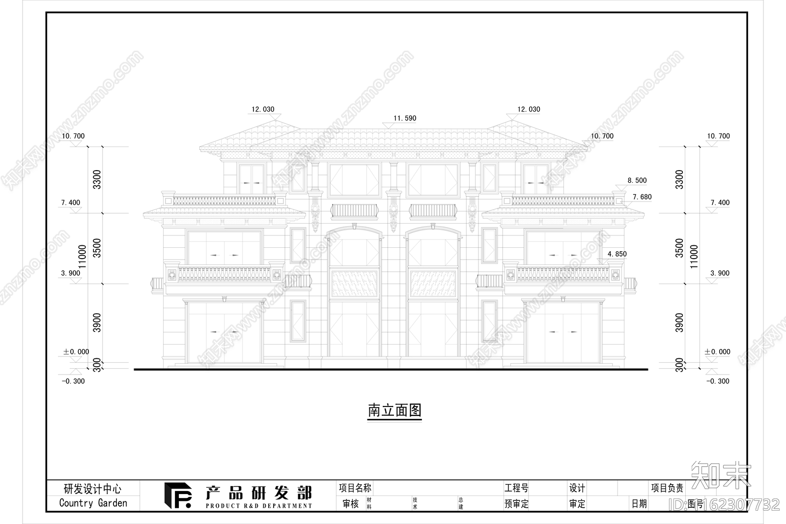 现代石材立面340平米北入口三层双拼别墅cad施工图下载【ID:1162307732】