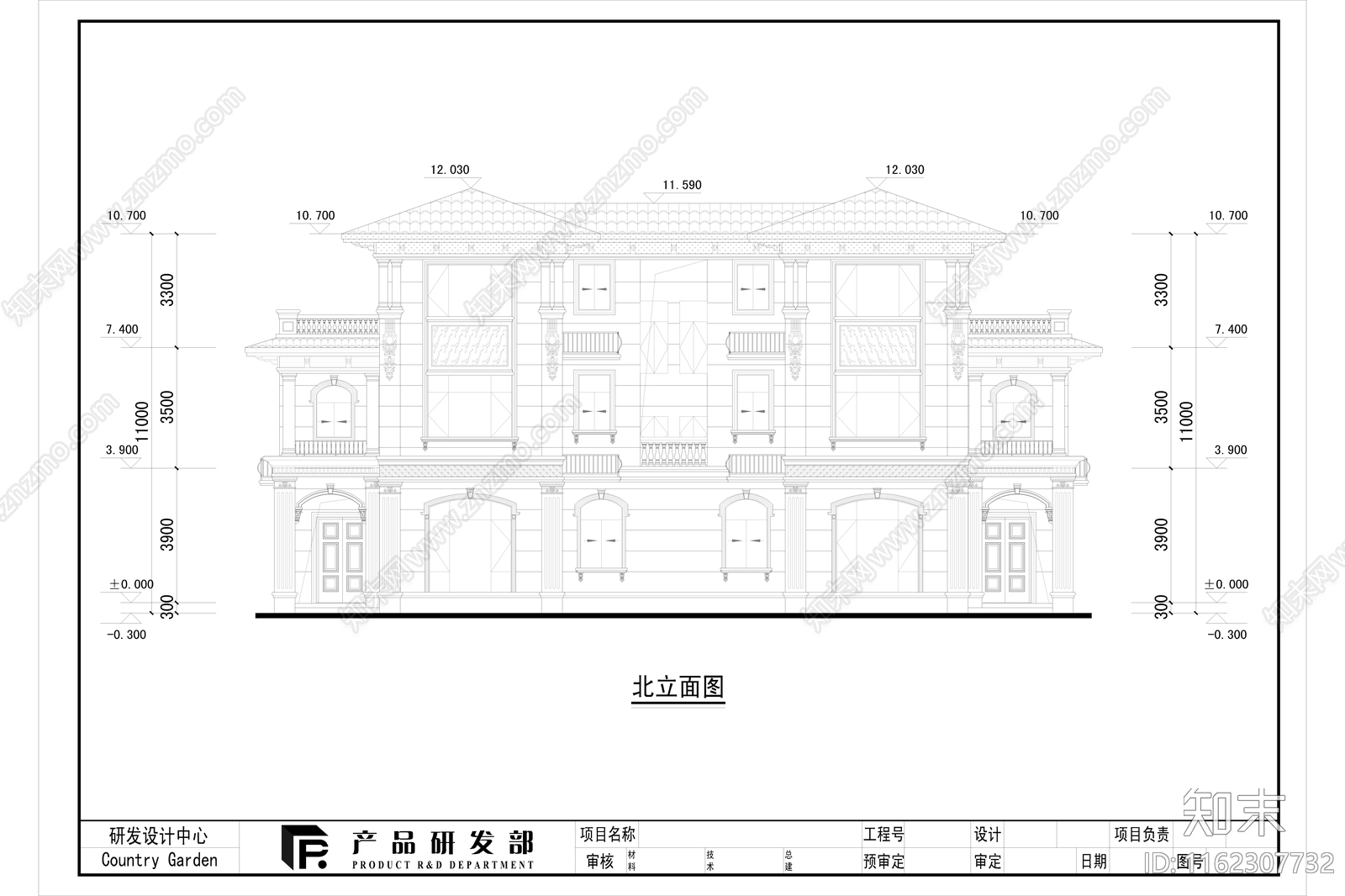 现代石材立面340平米北入口三层双拼别墅cad施工图下载【ID:1162307732】