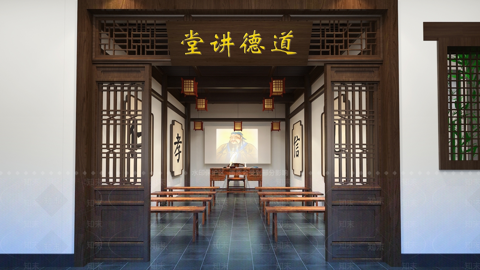 中式道德讲堂古人古代私塾学校教室书屋书房课堂学堂博物馆书桌讲台SU模型下载【ID:1162310790】