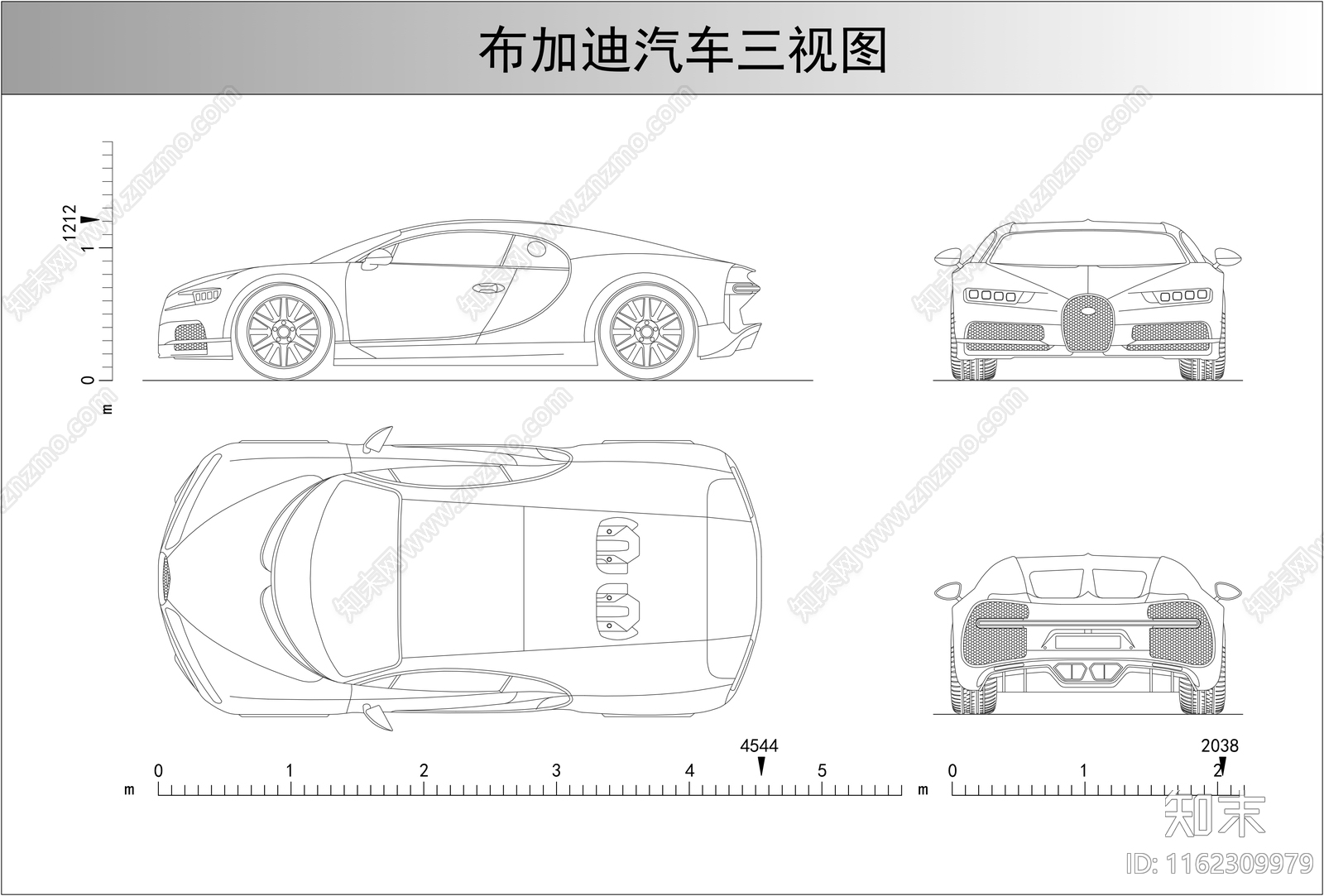 布加迪汽车三视图图库施工图下载【ID:1162309979】