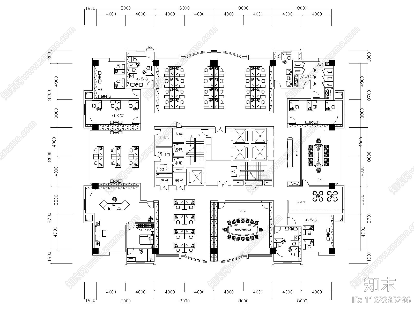 1000平办公室平面布置图cad施工图下载【ID:1162335296】