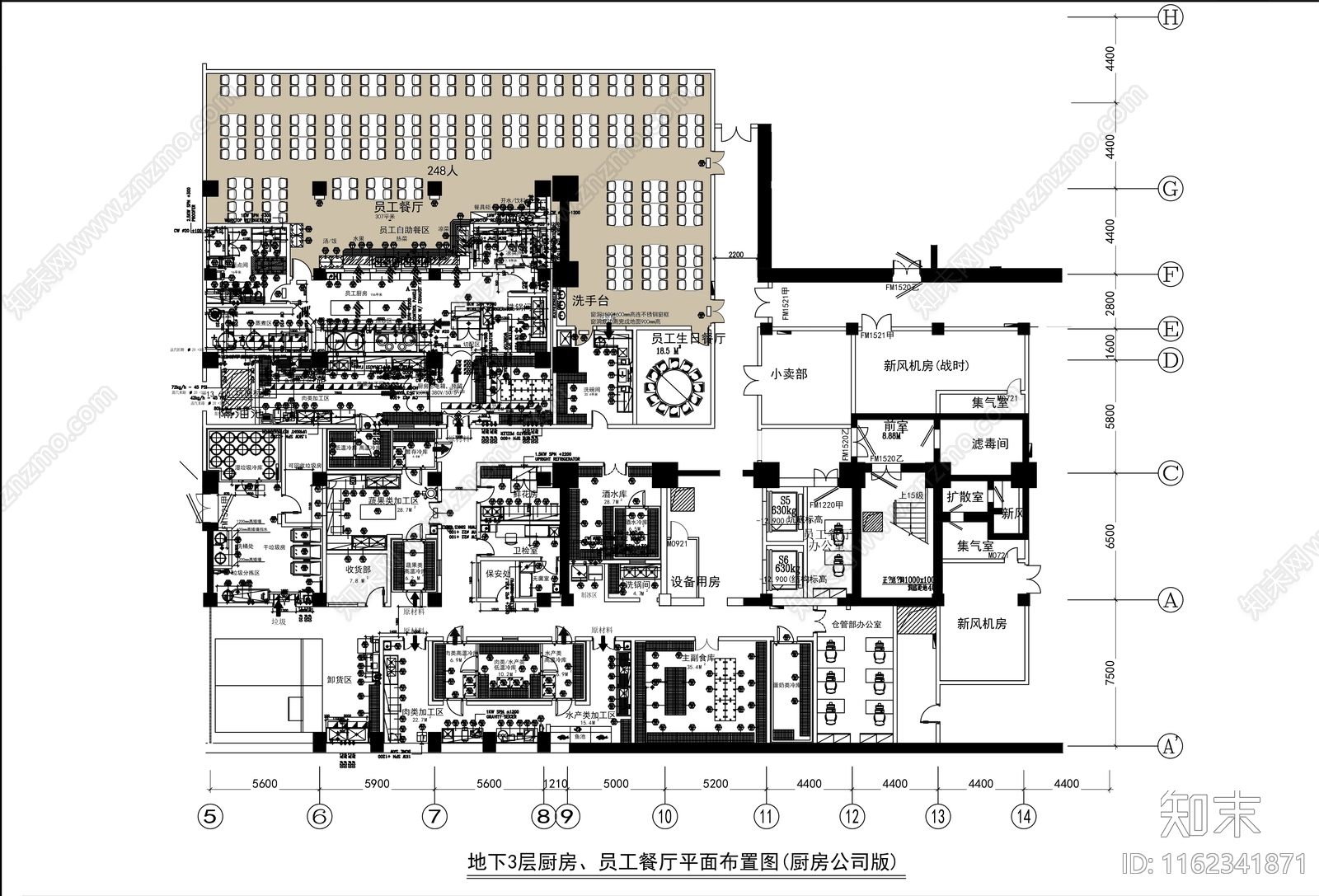 1300㎡员工食堂厨房全cad施工图下载【ID:1162341871】