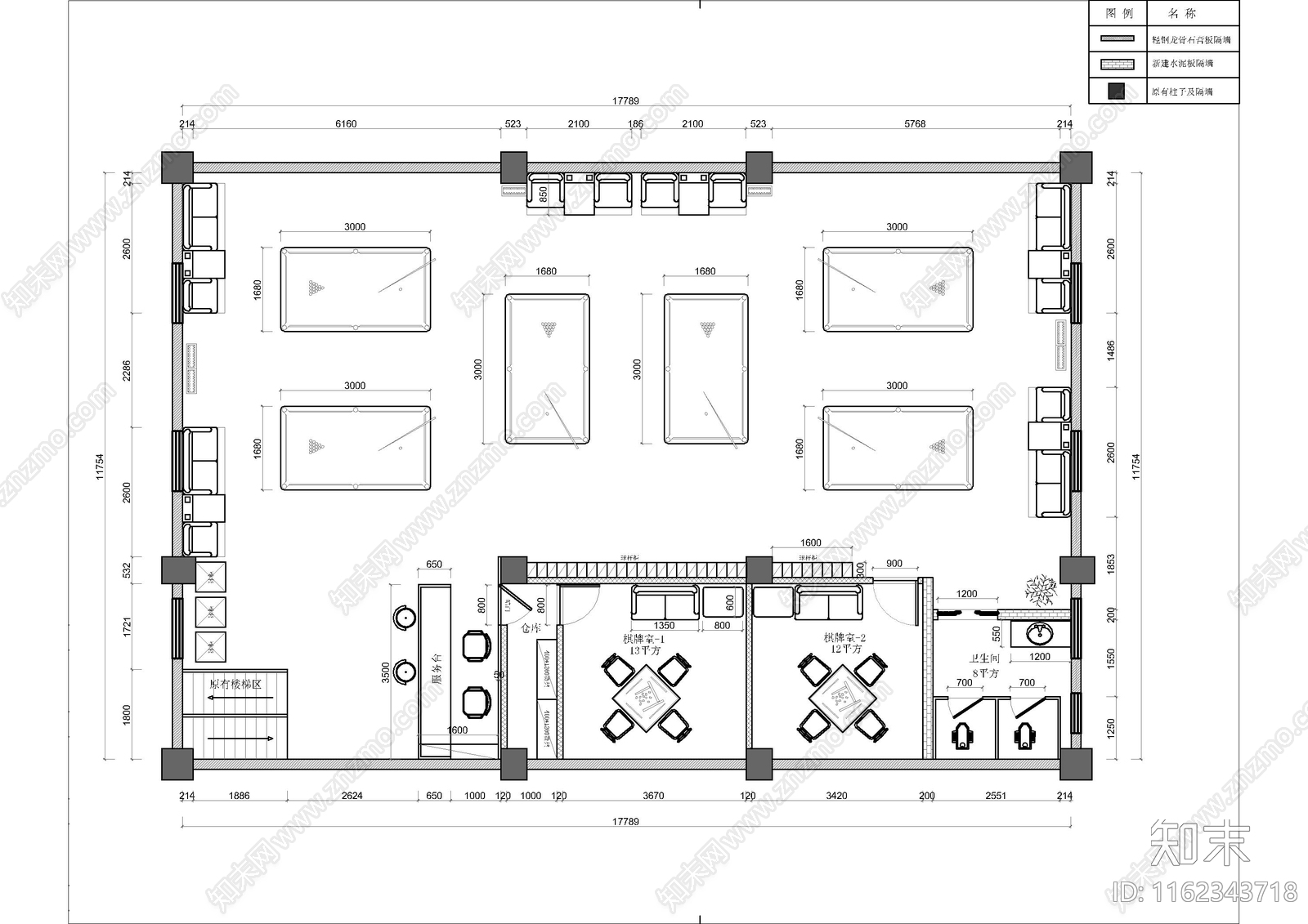 棋牌室台球厅施工图下载【ID:1162343718】