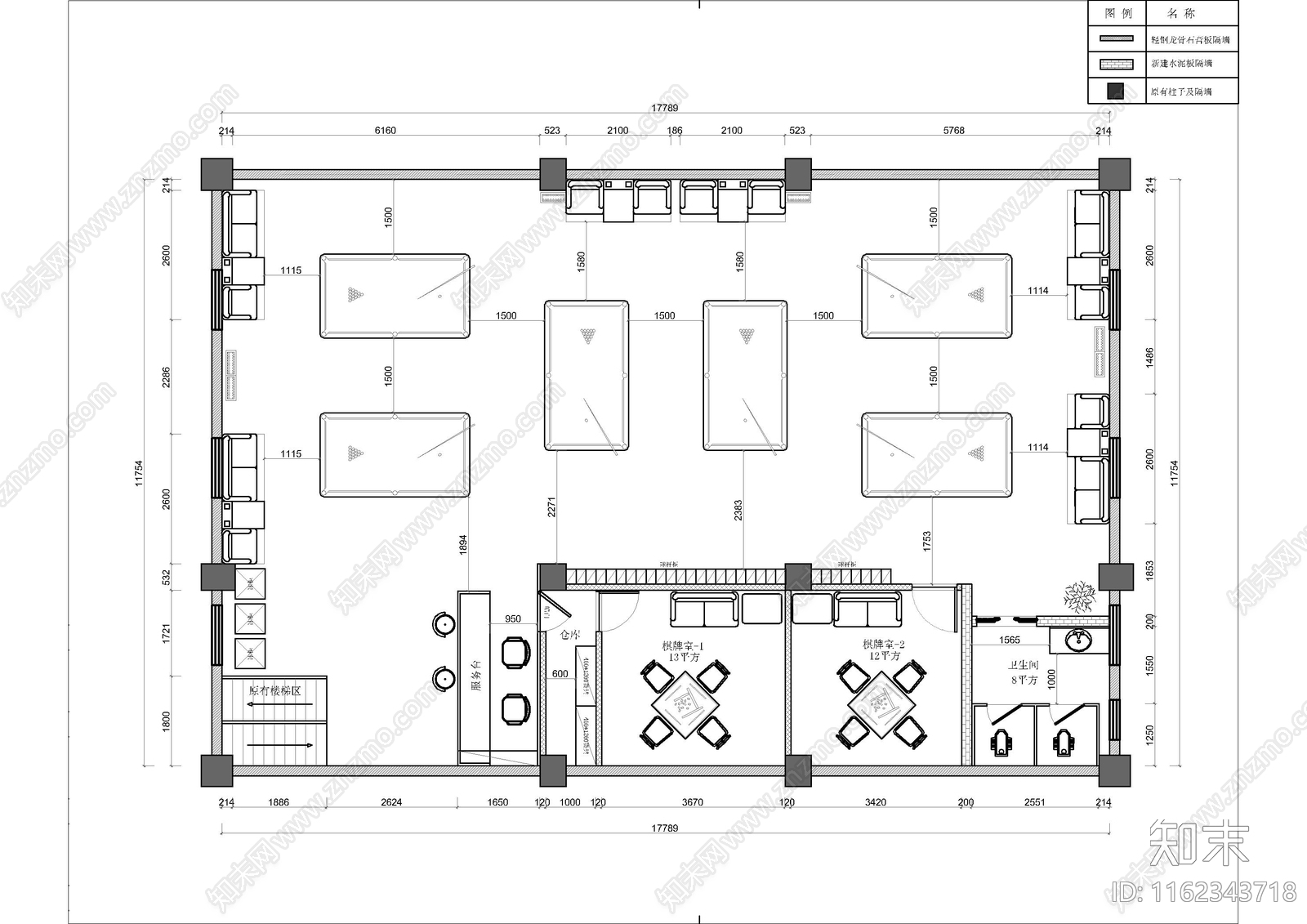 棋牌室台球厅施工图下载【ID:1162343718】