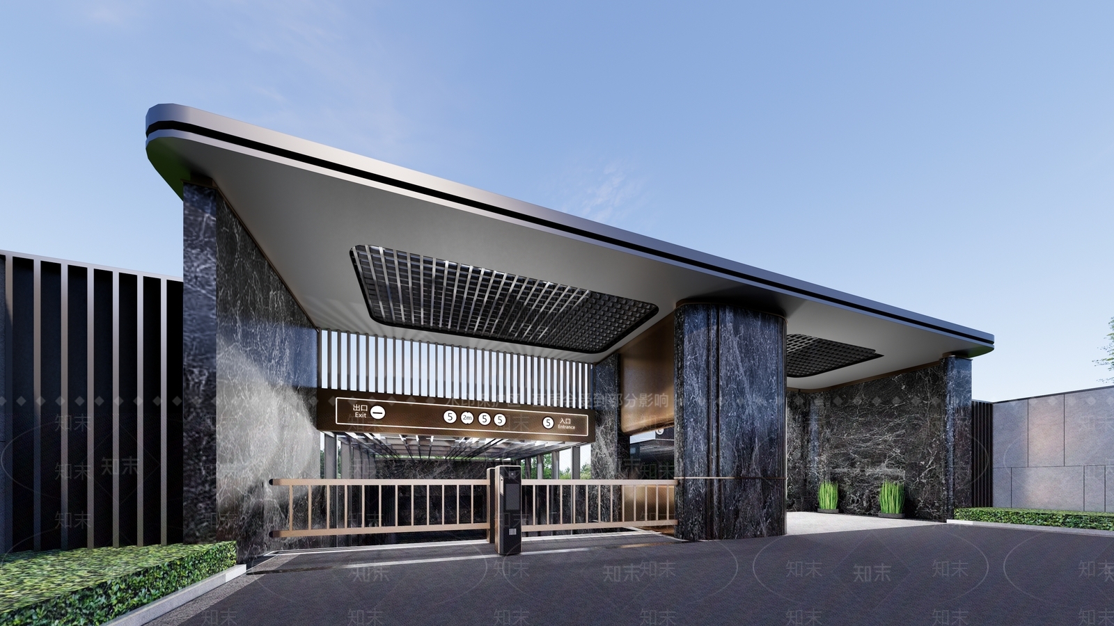 龙湖南京现代风格曲线飘板社区大门SU模型下载【ID:1162361381】