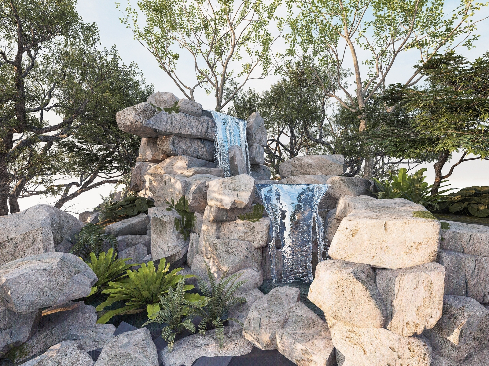 新中式假山叠水景观SU模型下载【ID:1162364520】