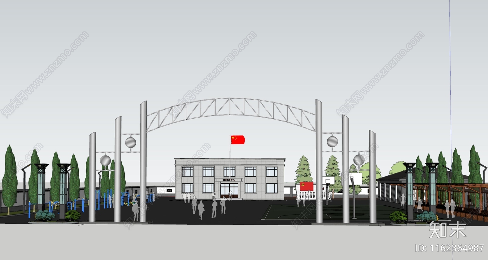 党建中心乡村活动中心办公宣誓墙健身活动场地SU模型下载【ID:1162364987】