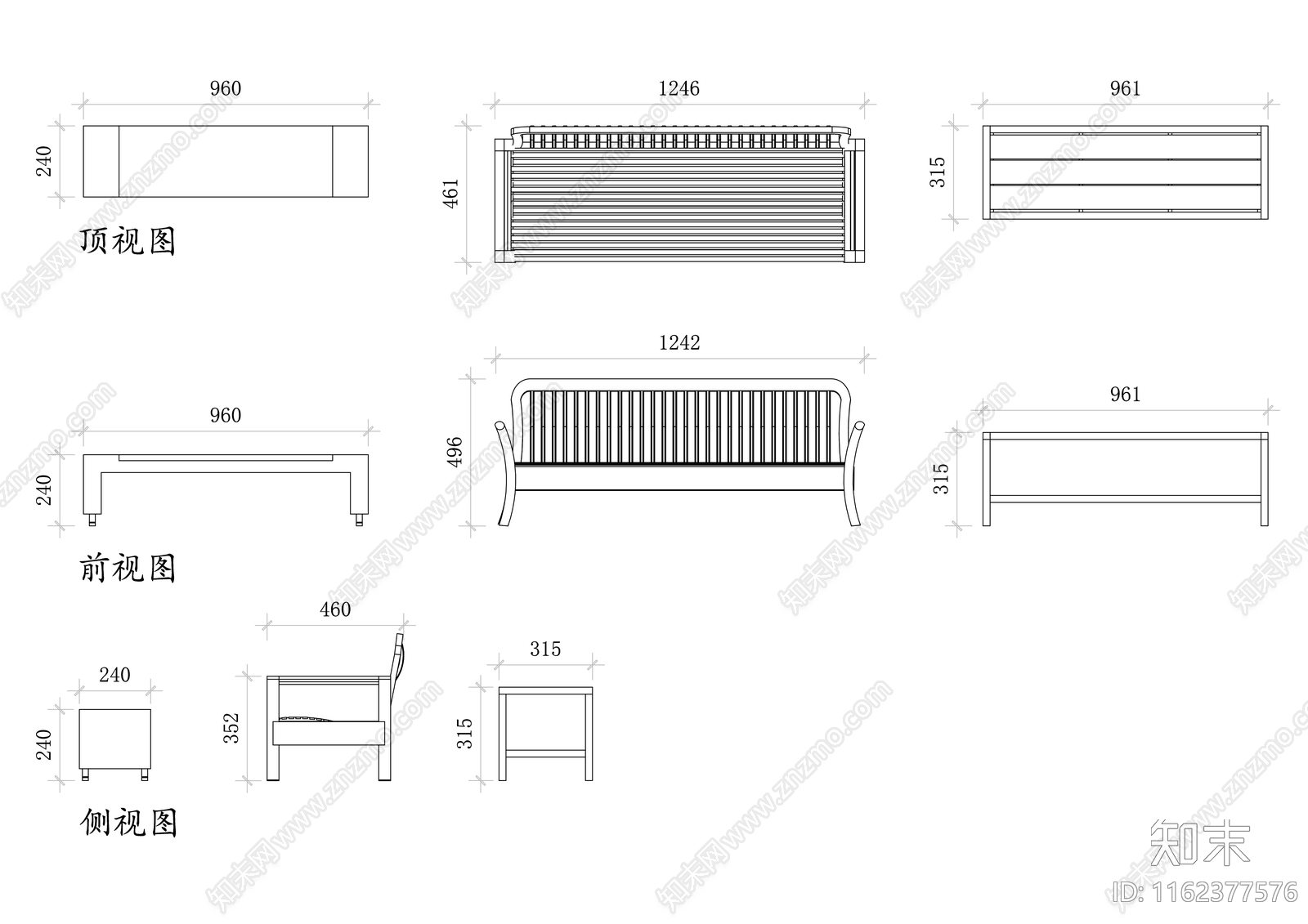 木质家居长椅三视图施工图下载【ID:1162377576】