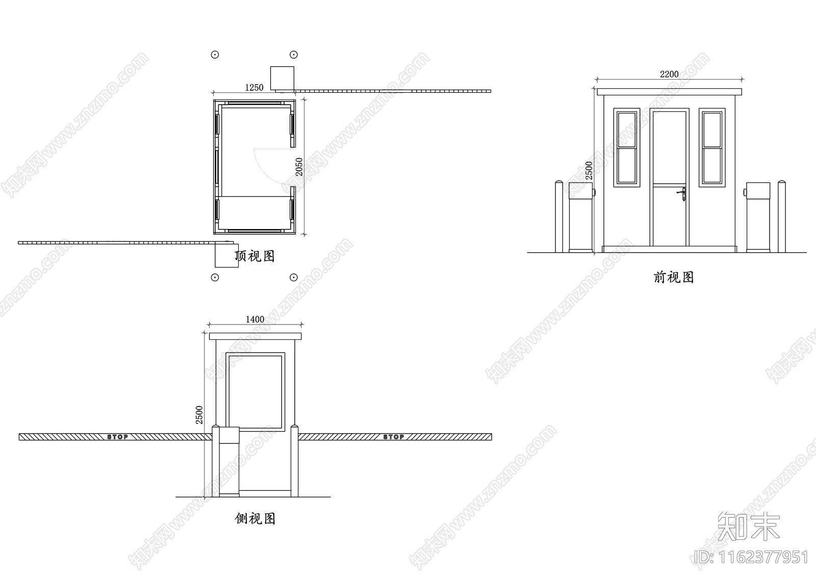 停车场收费亭三视图施工图下载【ID:1162377951】