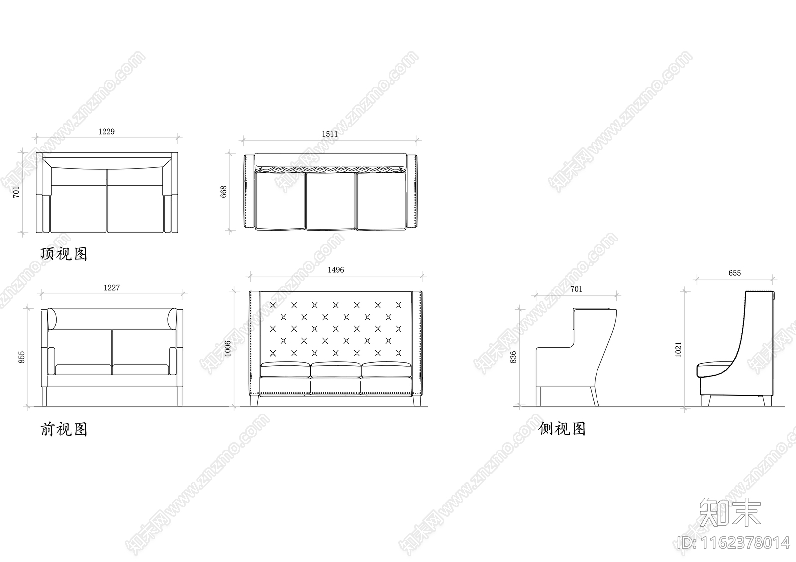 皮质高背沙发三视图施工图下载【ID:1162378014】