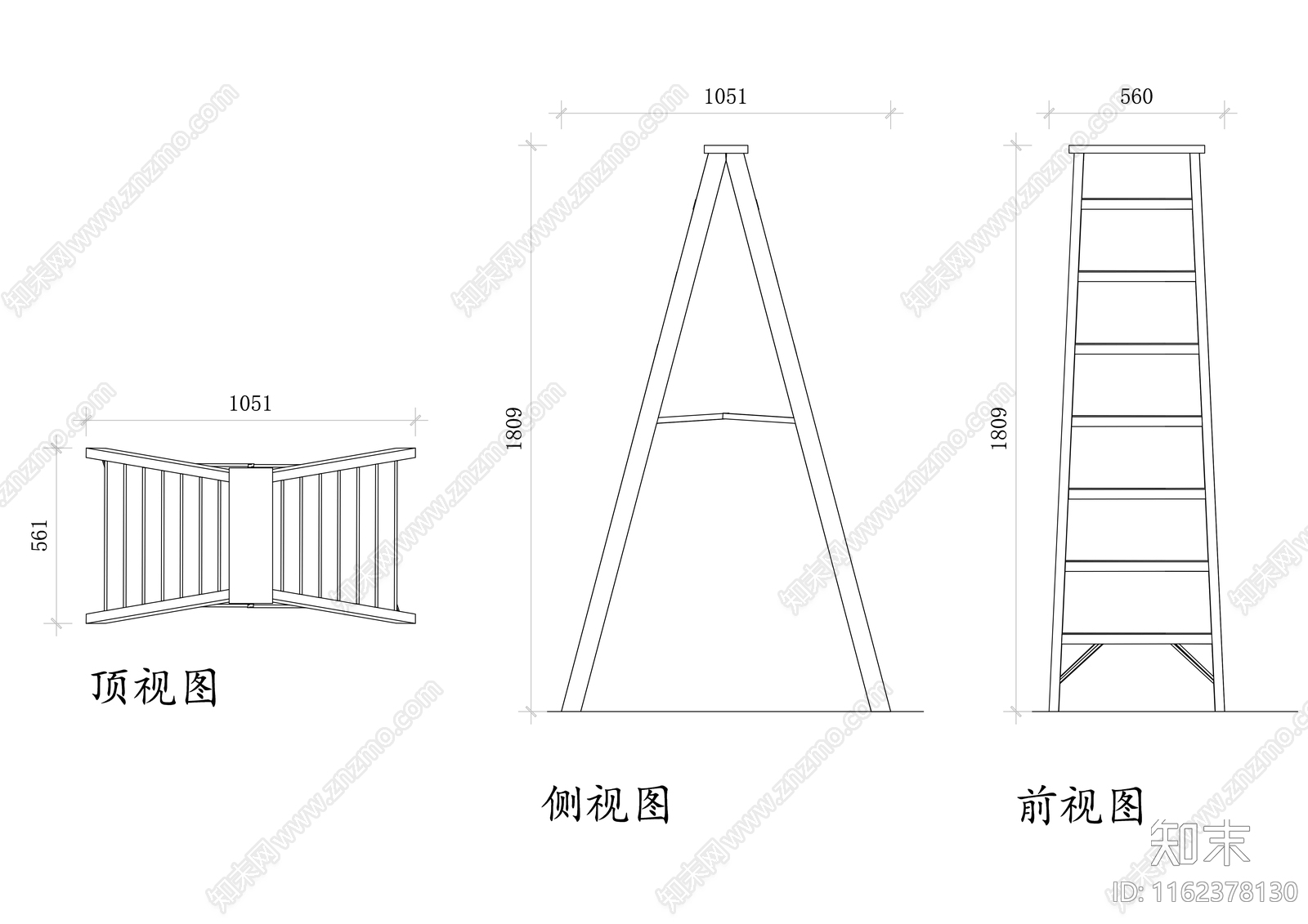 木质人字折叠梯三视图施工图下载【ID:1162378130】