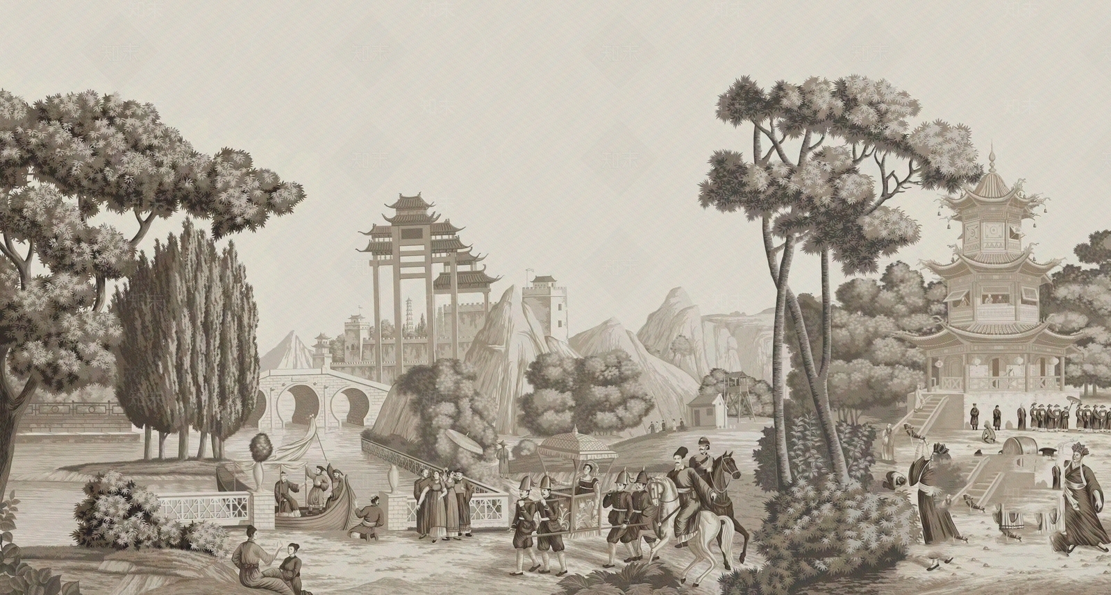 灰色欧式建筑植物壁画壁纸硬包贴图下载【ID:1162386219】