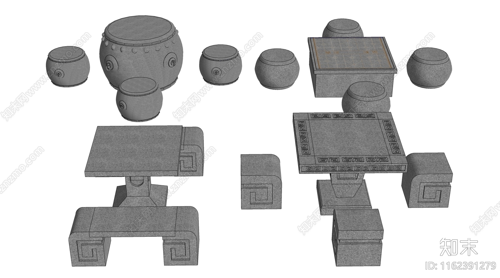 现代户外石材桌椅SU模型下载【ID:1162391279】