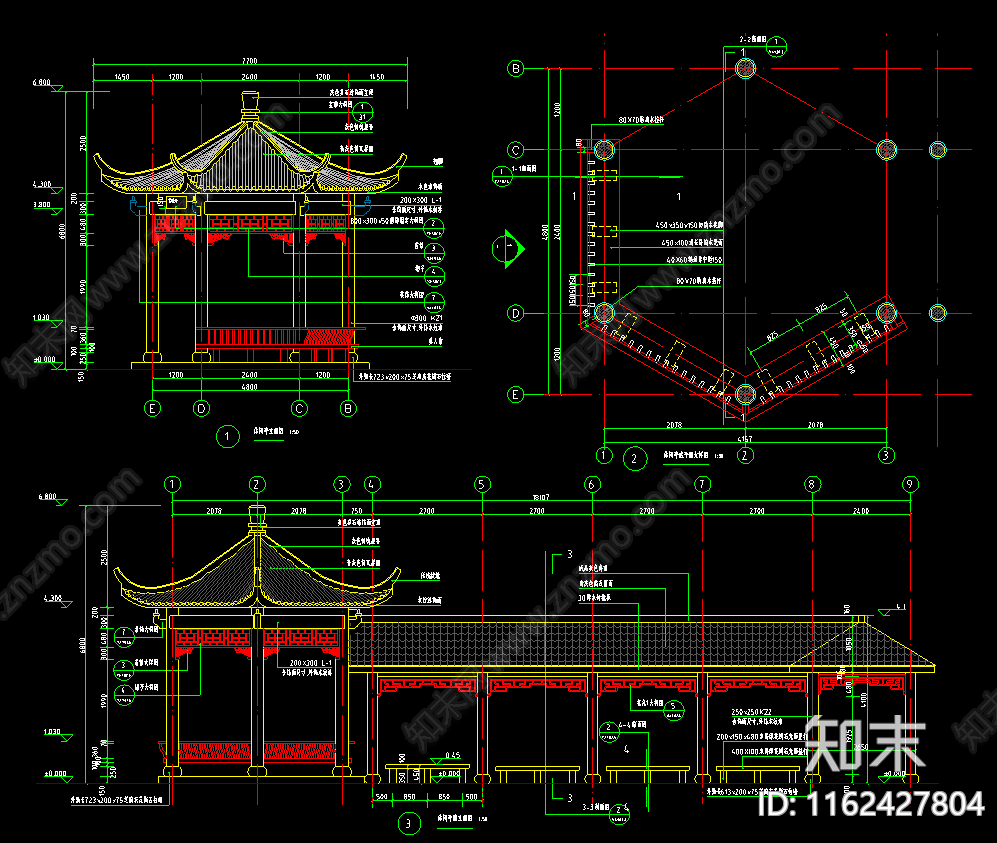 仿古建休闲亭廊cad施工图下载【ID:1162427804】