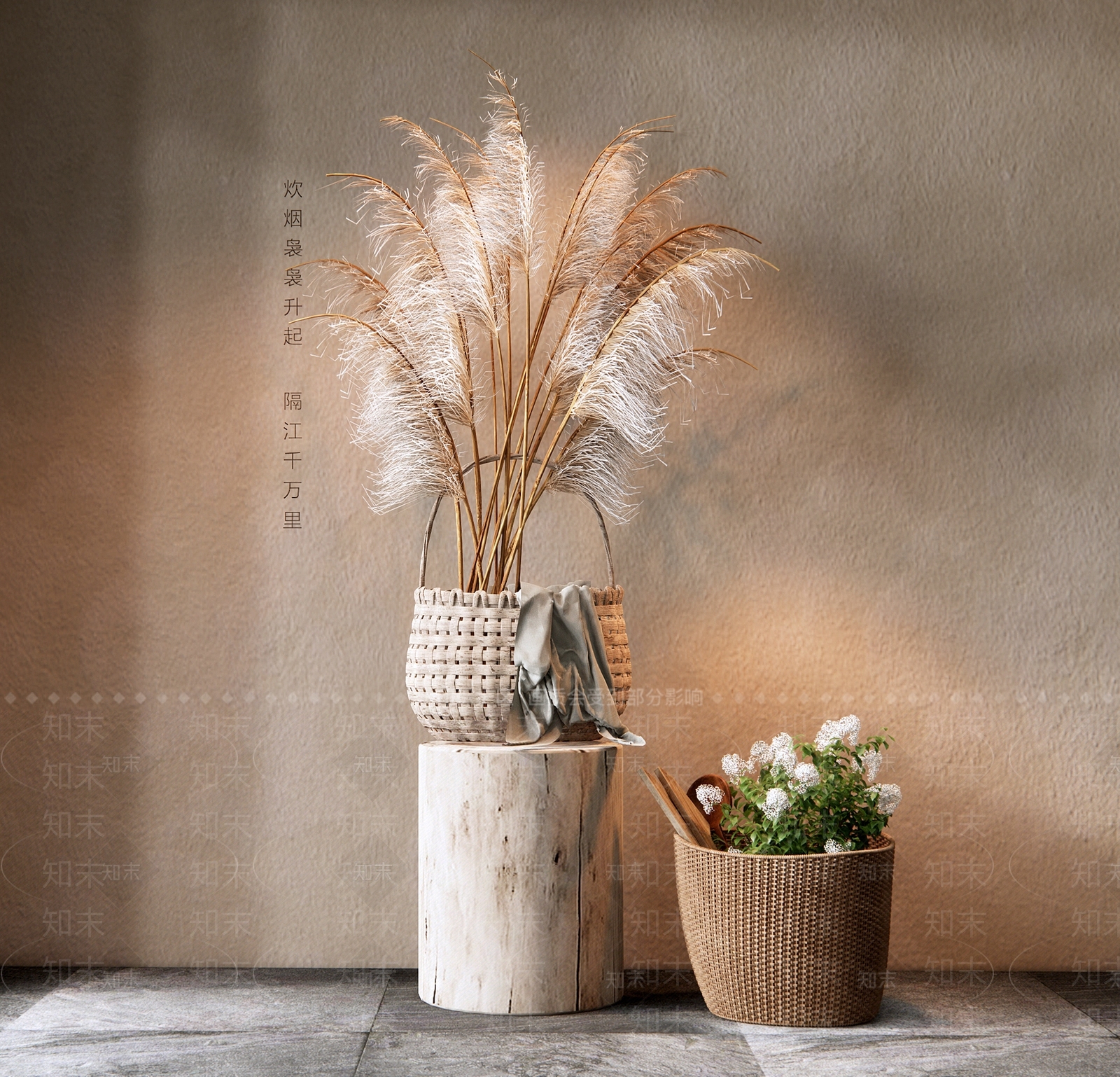 侘寂中古风芦苇竹篮花艺摆件SU模型下载【ID:1162428467】