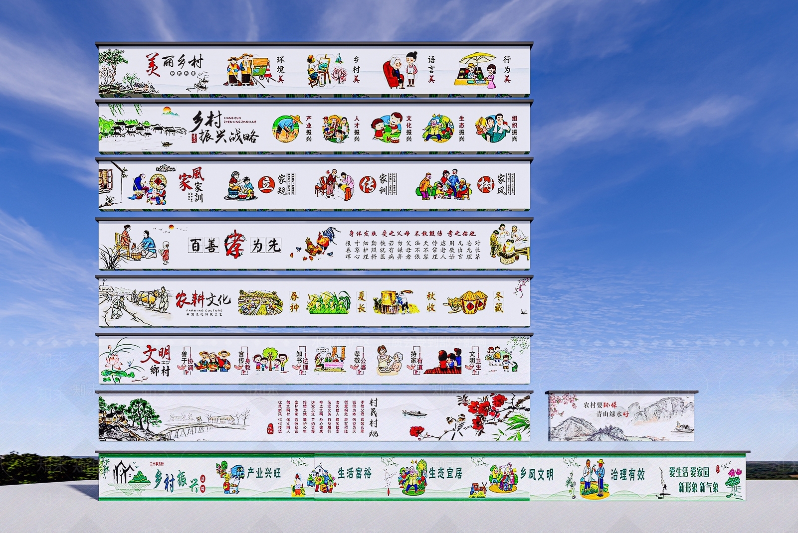 中式美丽乡村农耕文化墙绘SU模型下载【ID:1162433974】