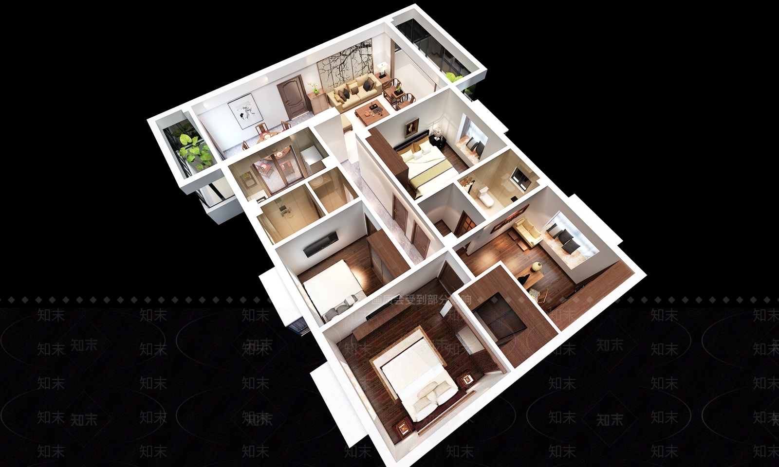 新中式家装套房鸟瞰图3D模型下载【ID:1162439752】