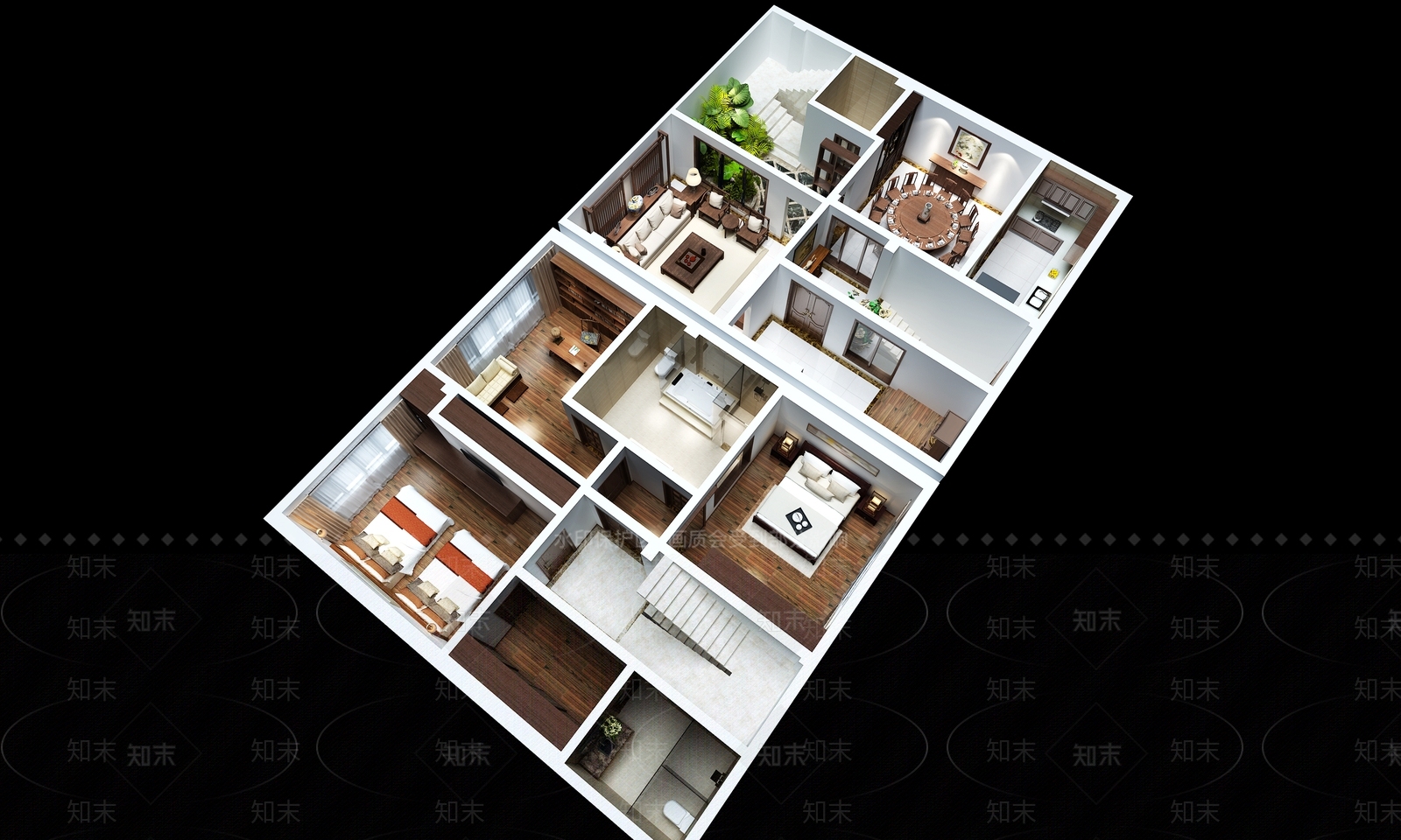 新中式家装套房鸟瞰图3D模型下载【ID:1162441074】