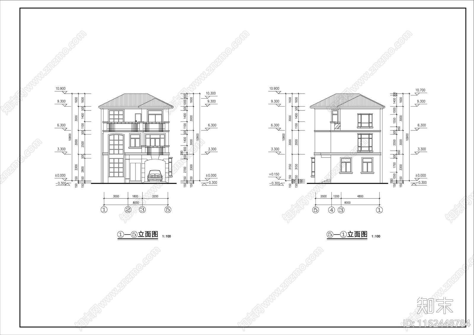 某三层别墅经典建筑设cad施工图下载【ID:1162448784】