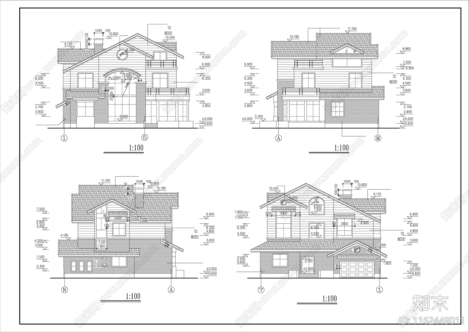 某地区二层中西独院别墅建筑设计图cad施工图下载【ID:1162449011】