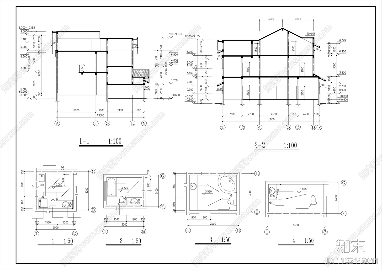 某地区二层中西独院别墅建筑设计图cad施工图下载【ID:1162449011】