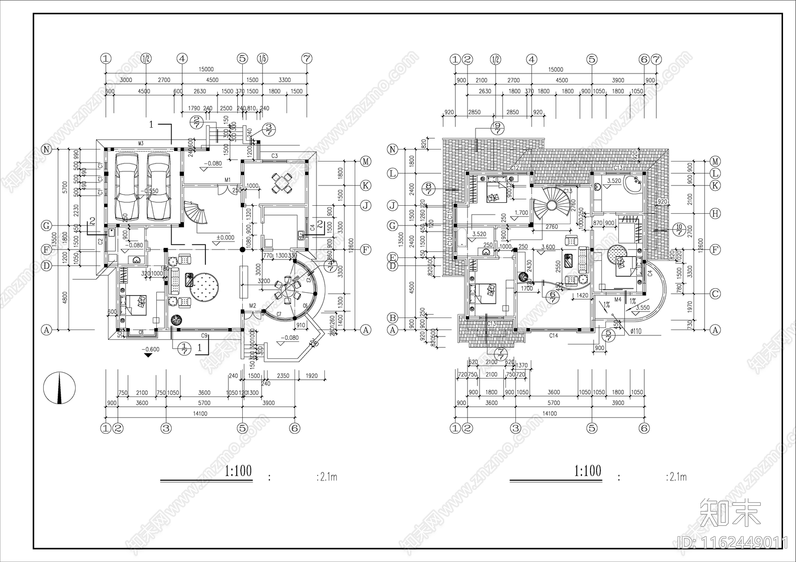 某地区二层中西独院别墅建筑设计图cad施工图下载【ID:1162449011】