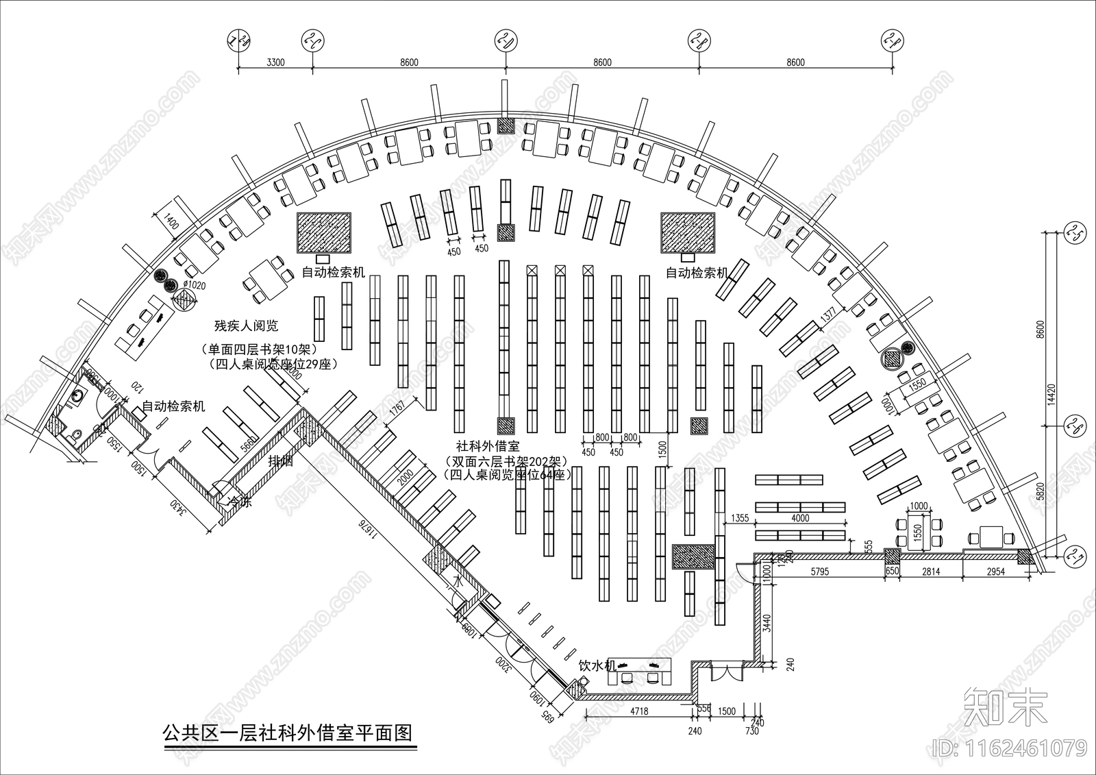 800㎡图书馆借阅室平面布置图cad施工图下载【ID:1162461079】