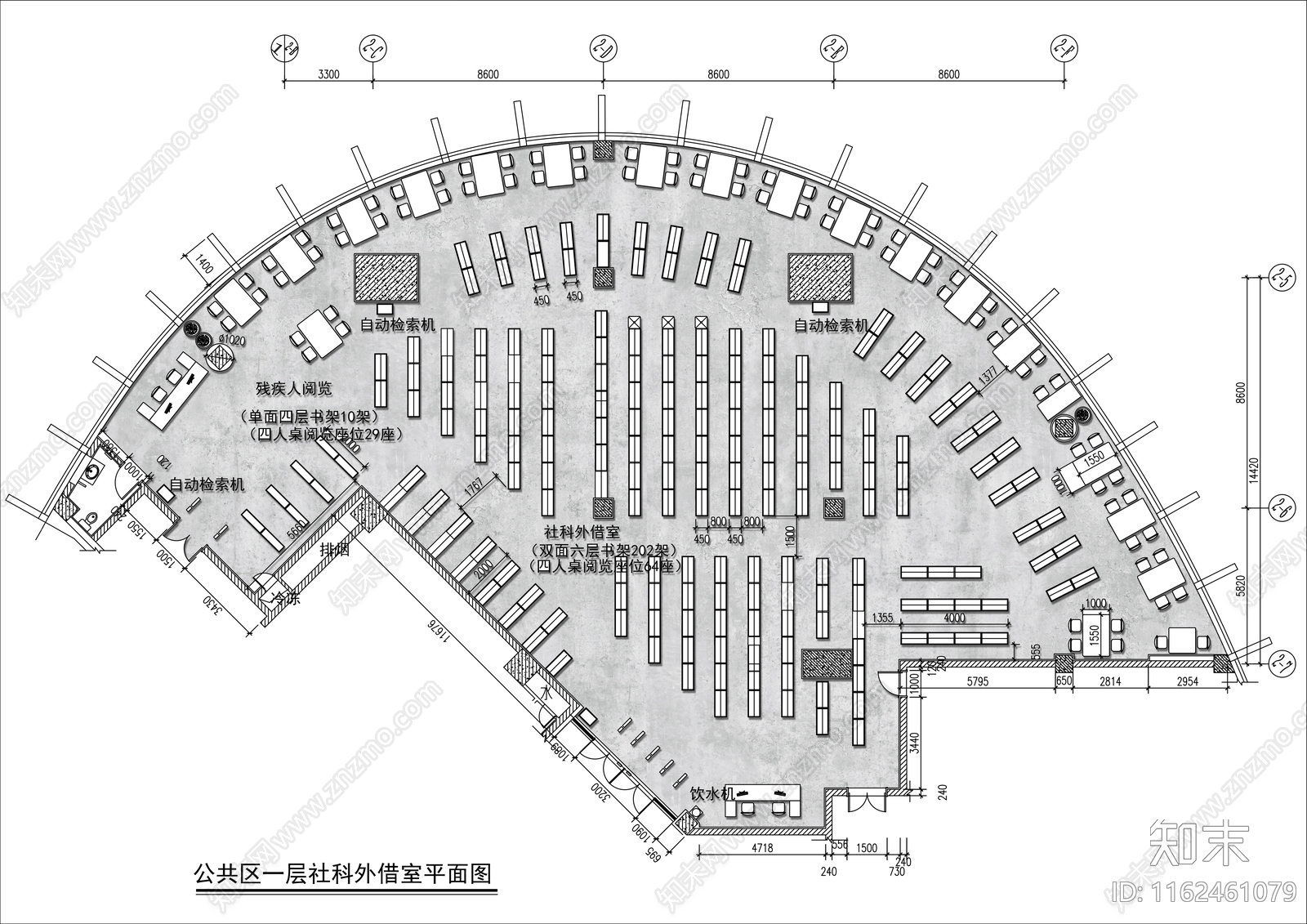 800㎡图书馆借阅室平面布置图施工图下载【ID:1162461079】