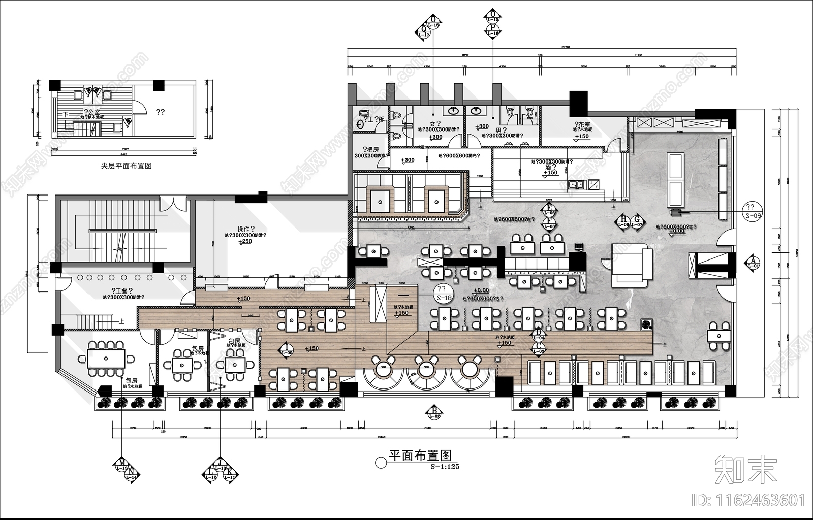 600㎡现代咖啡馆平面布局全cad施工图下载【ID:1162463601】