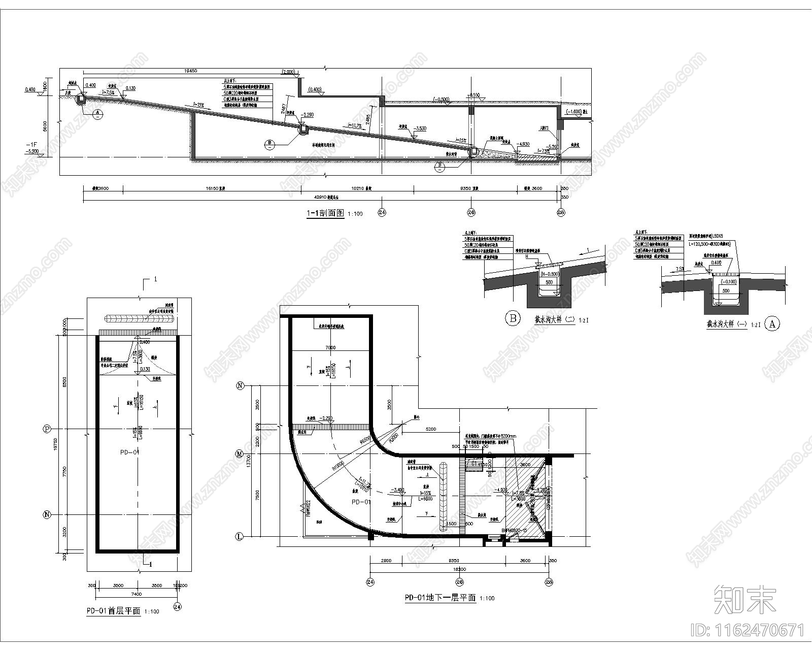 地下室车库出入口坡道详图施工图下载【ID:1162470671】