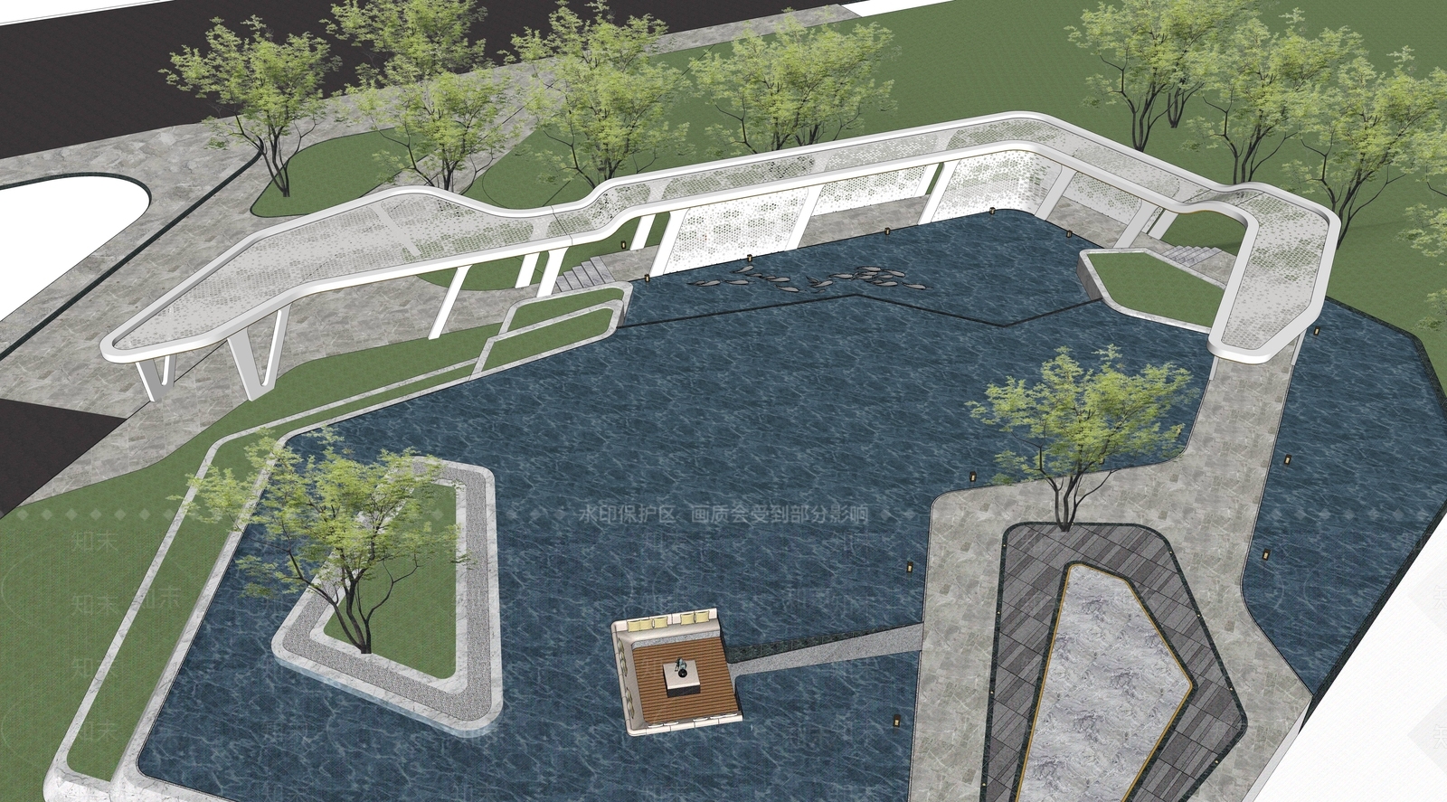 现代风格水景搭配异形廊架SU模型下载【ID:1162473889】