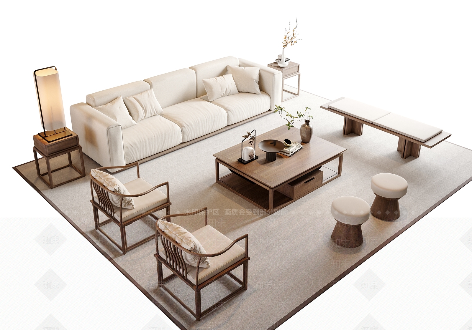 新中式沙发茶几组合3D模型下载【ID:1162478955】