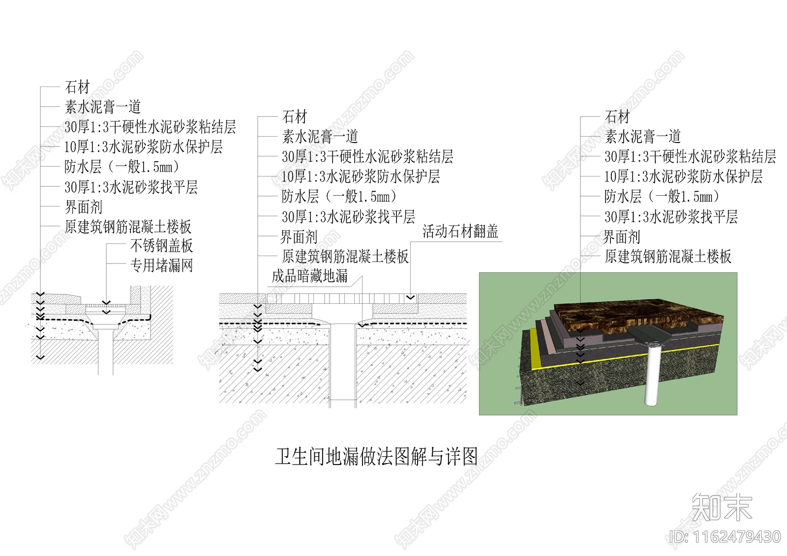 卫生间地漏做法图解与详图cad施工图下载【ID:1162479430】