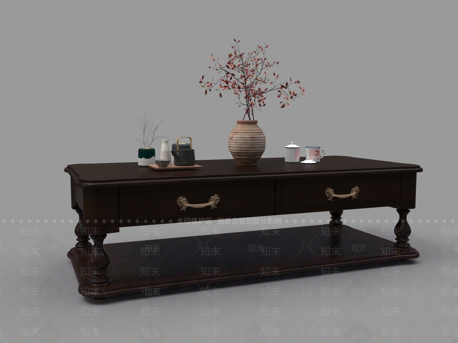 中式红木茶几茶具盆栽组合3D模型下载【ID:1162480784】