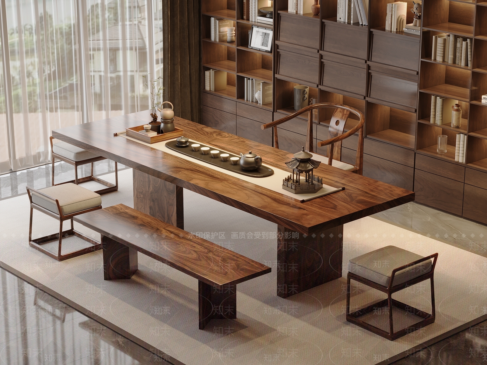 新中式实木茶桌椅组合3D模型下载【ID:1162498704】