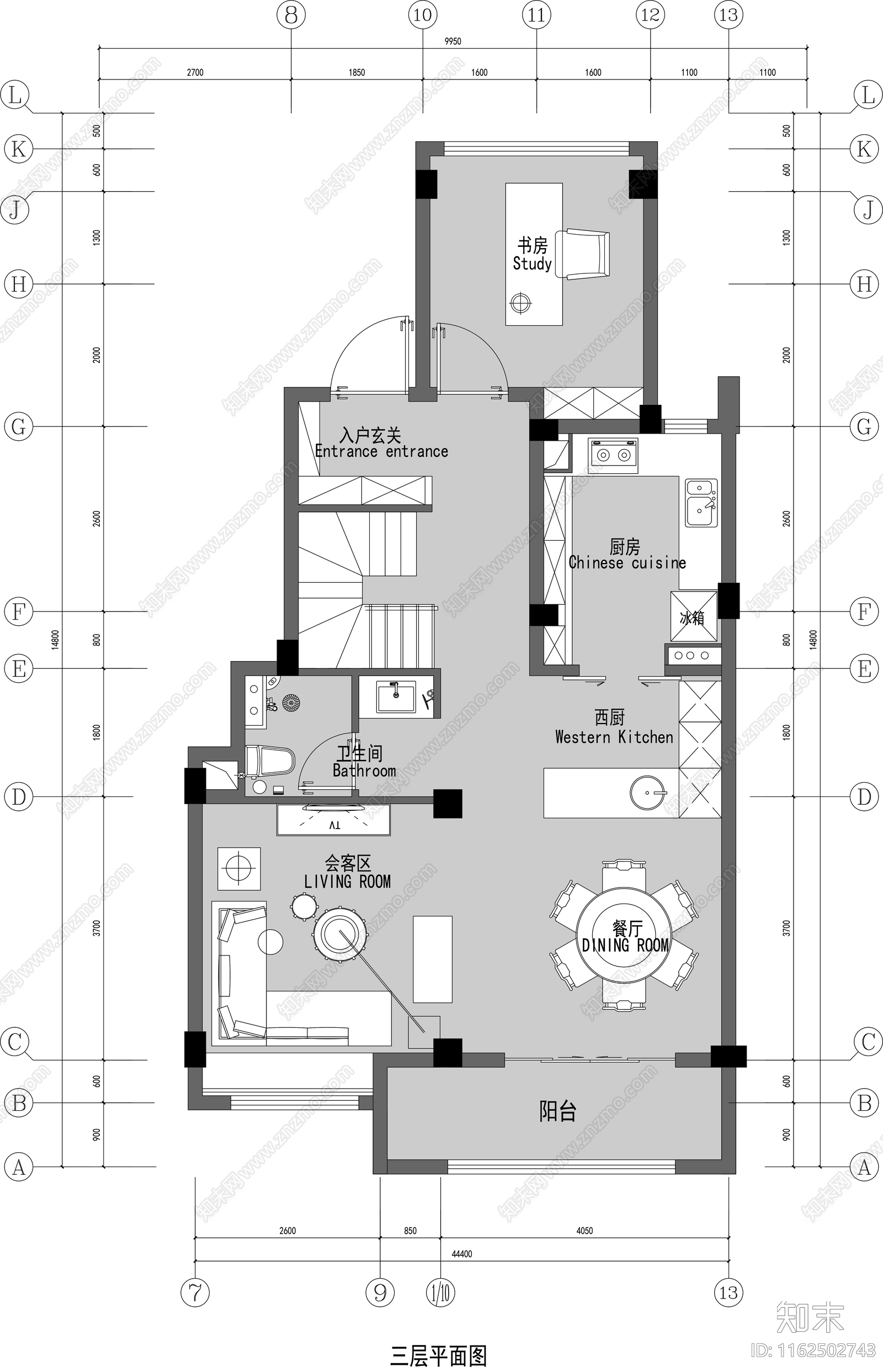 三层跃层平面图施工图下载【ID:1162502743】