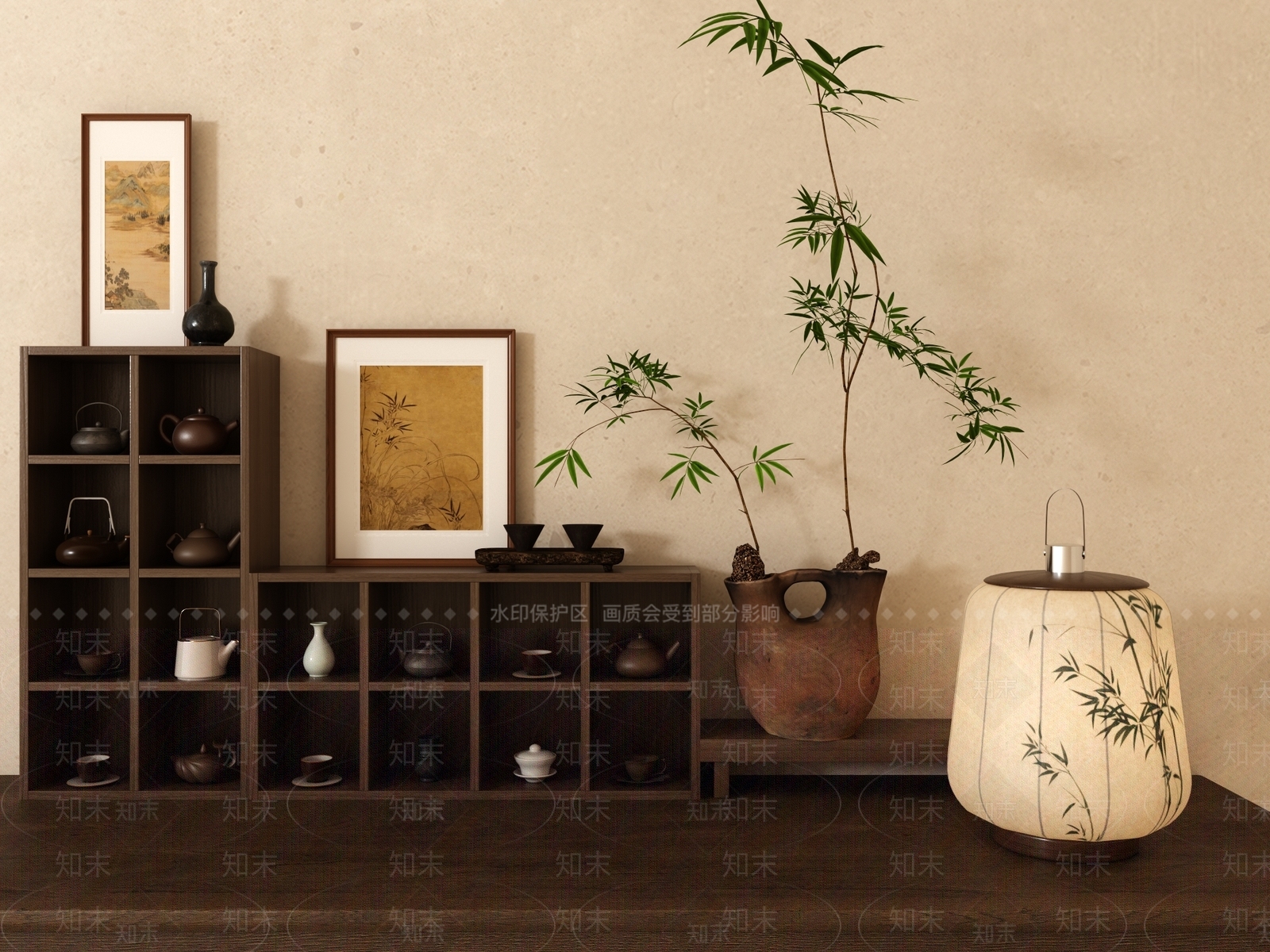 新中式国风茶桌茶具字画台灯摆件组合3D模型下载【ID:1162506470】