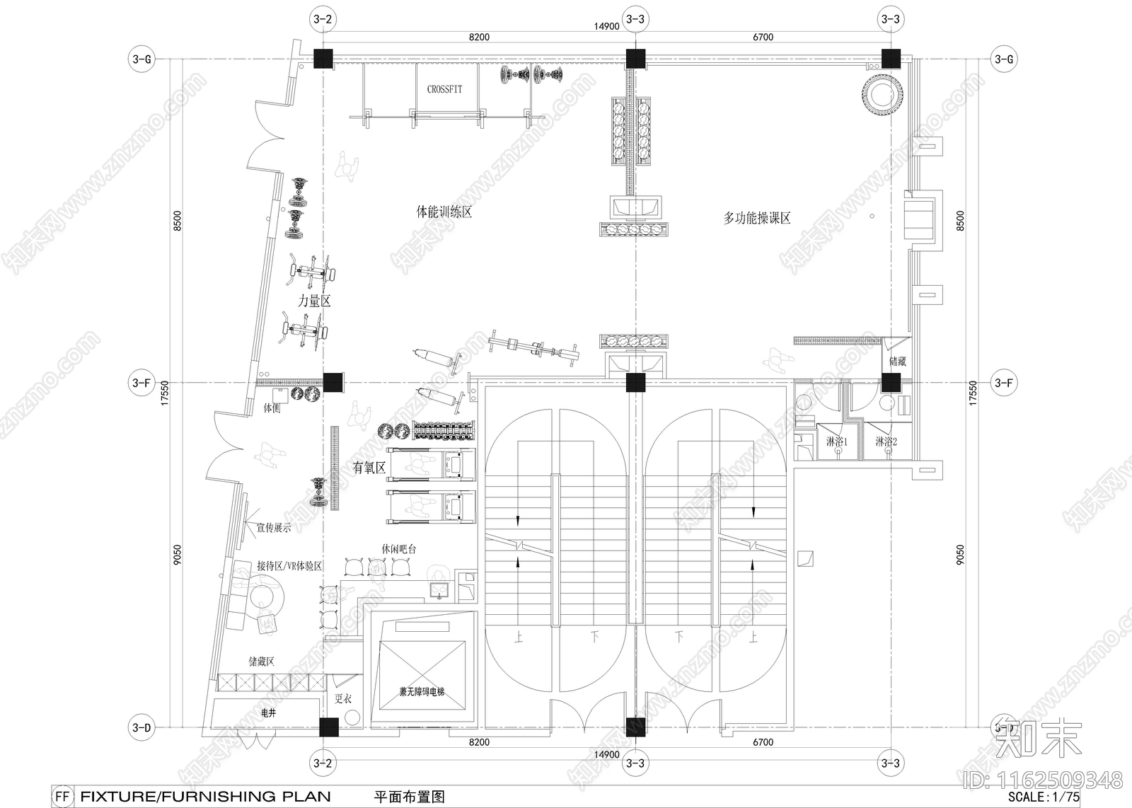 300㎡健身房cad施工图下载【ID:1162509348】