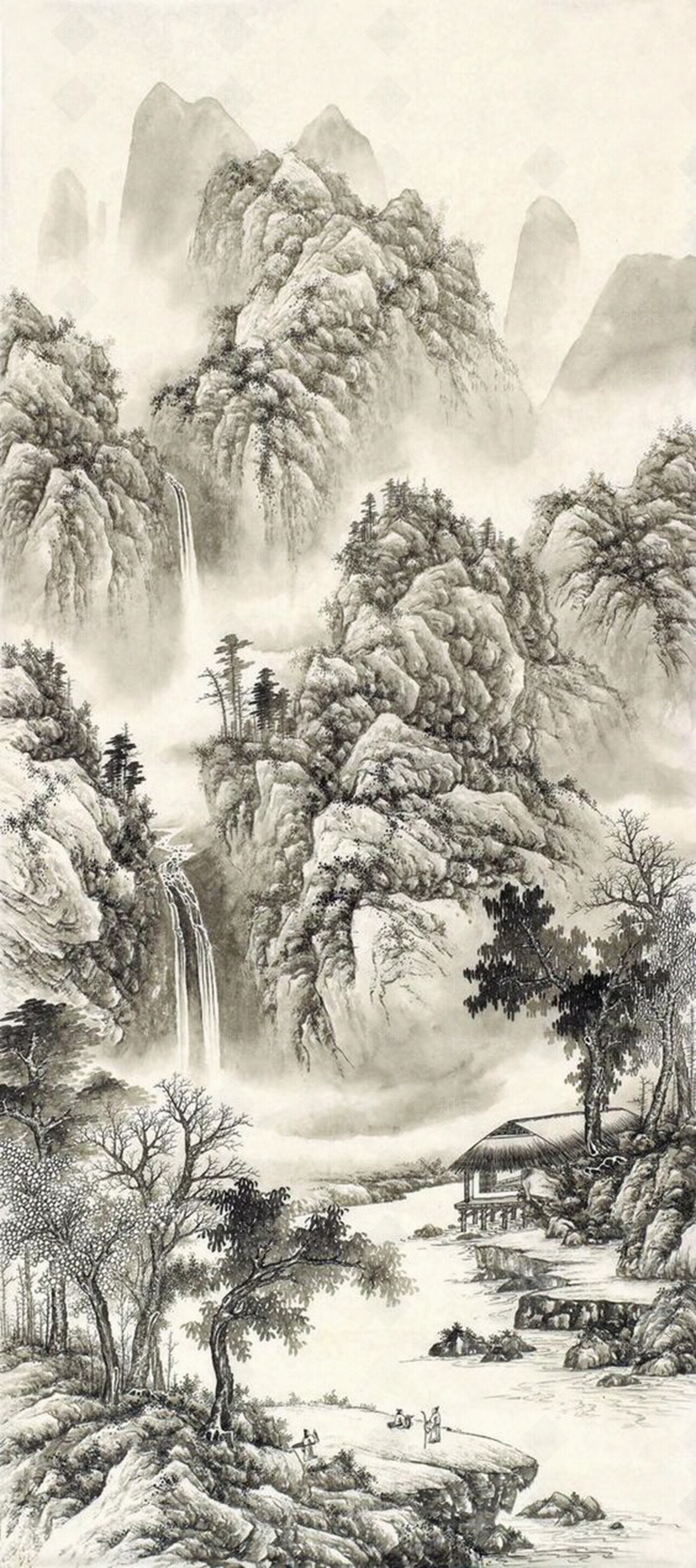 中式国画山水画挂画壁画禅意装饰画壁纸贴图下载【ID:1162512330】