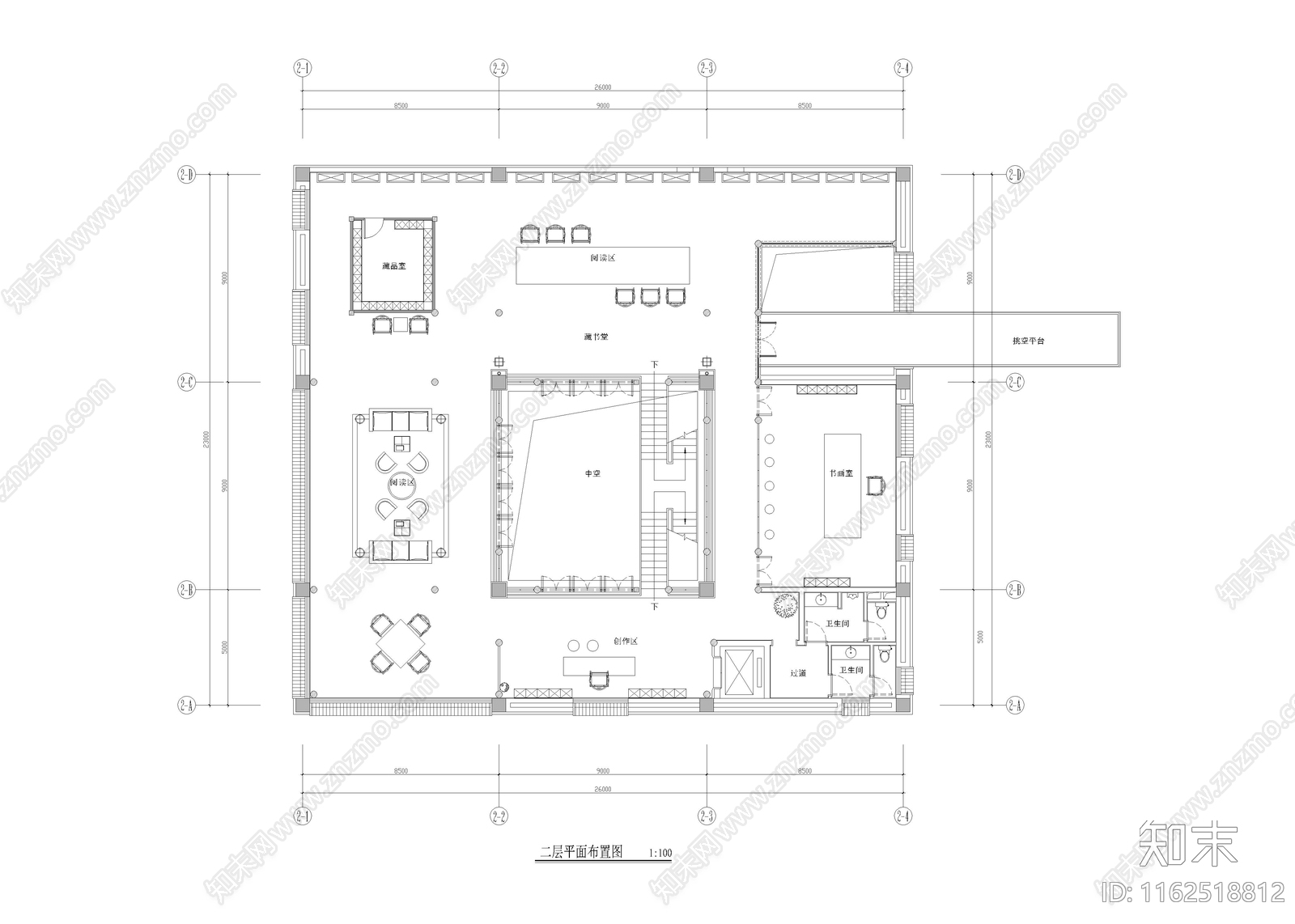 1280㎡书院文创会所cad施工图下载【ID:1162518812】