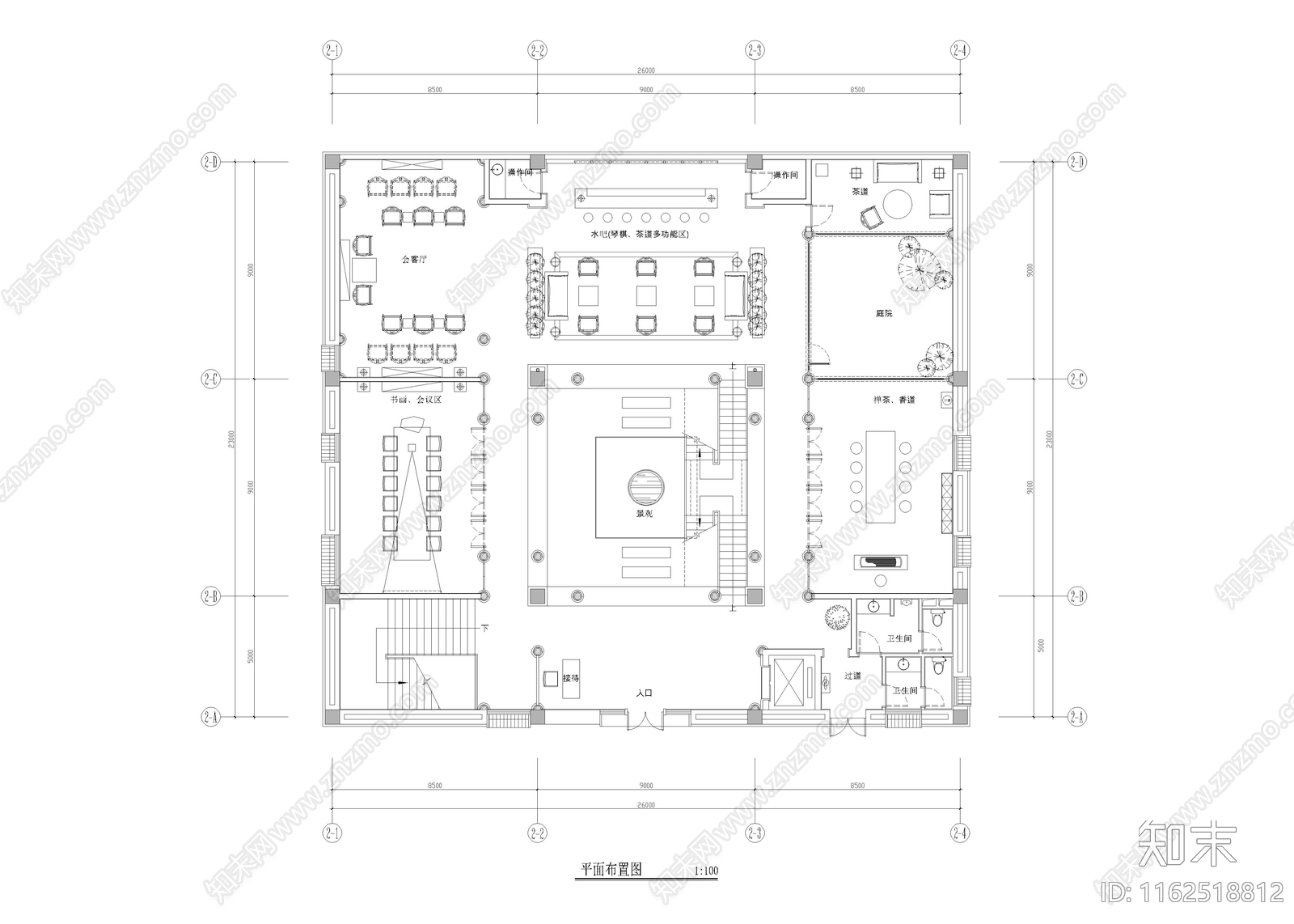 1280㎡书院文创会所cad施工图下载【ID:1162518812】