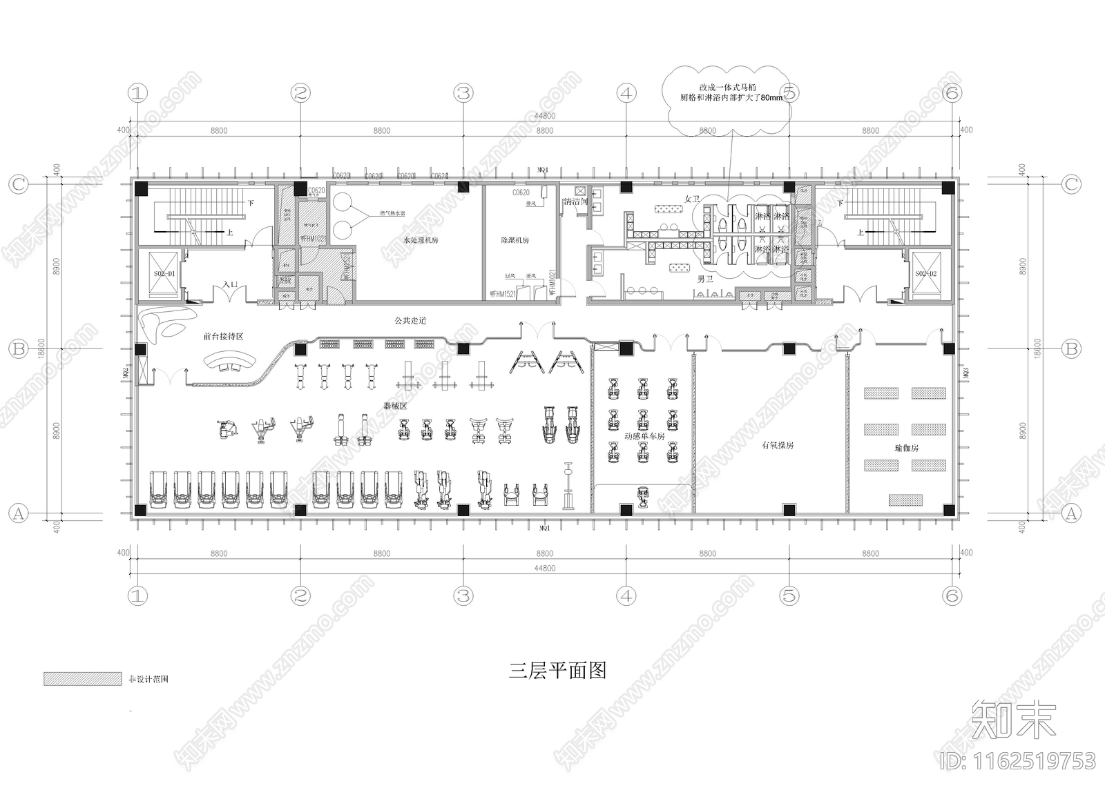 1670㎡健身房健身游泳中心施工图下载【ID:1162519753】