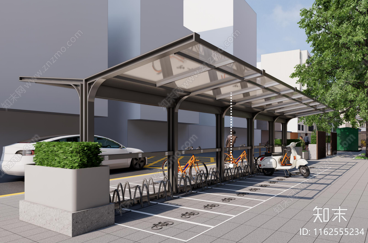 现代倒人字形双坡屋顶非机动车棚含结构图施工图下载【ID:1162555234】