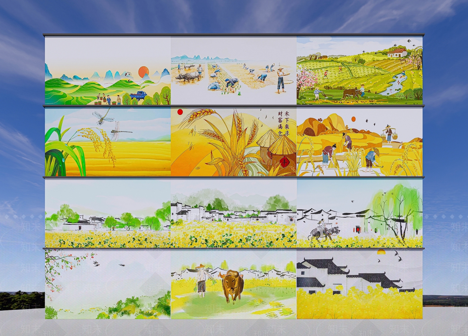 中式美丽乡村农耕文化墙绘景墙SU模型下载【ID:1162558596】