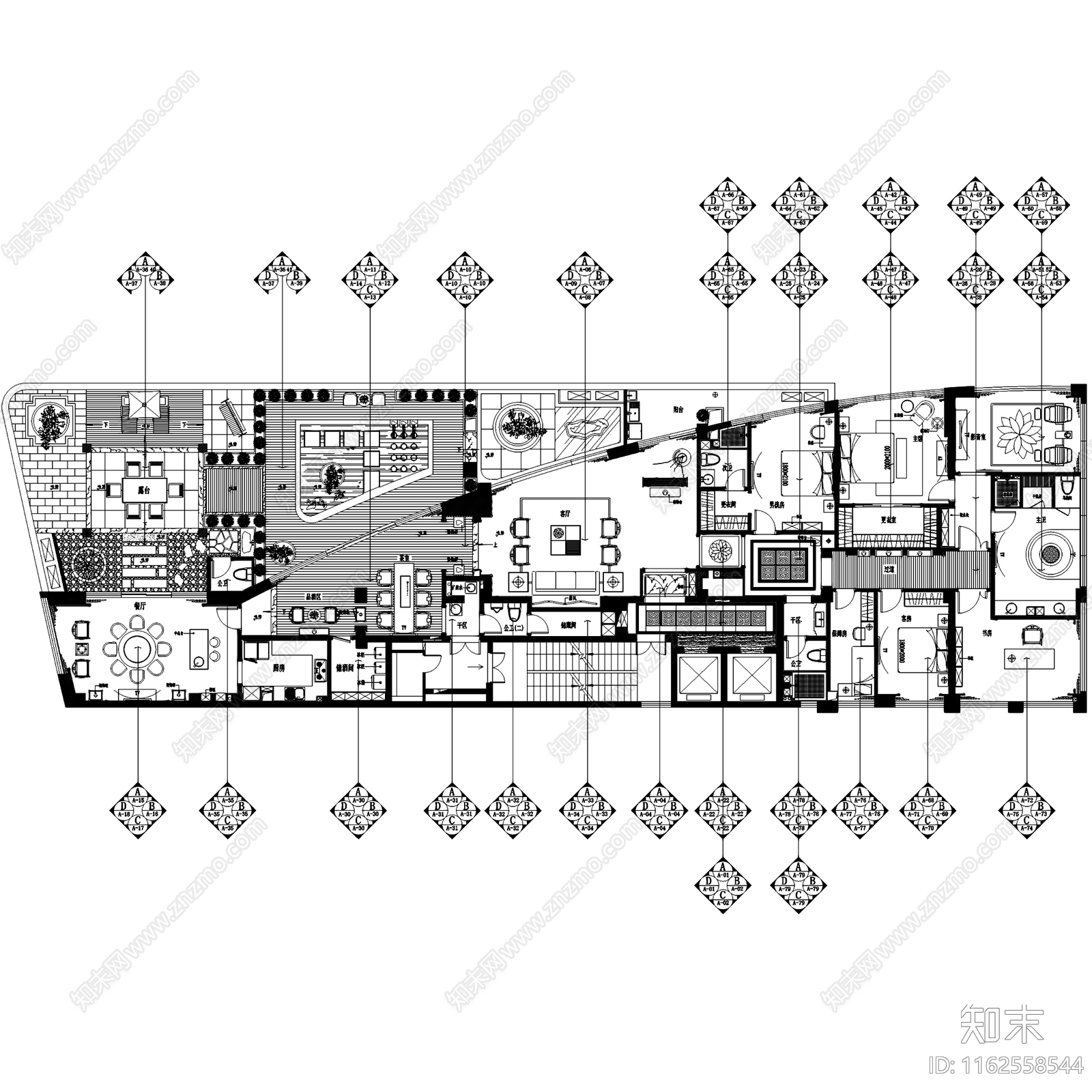 中式新中式福安水岸名居私宅大平层室内家装cad施工图下载【ID:1162558544】