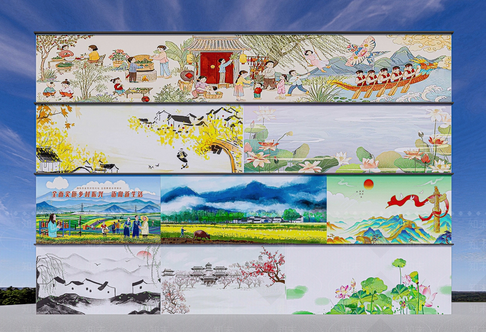 新中式美丽乡村农耕文化墙绘景墙SU模型下载【ID:1162558906】