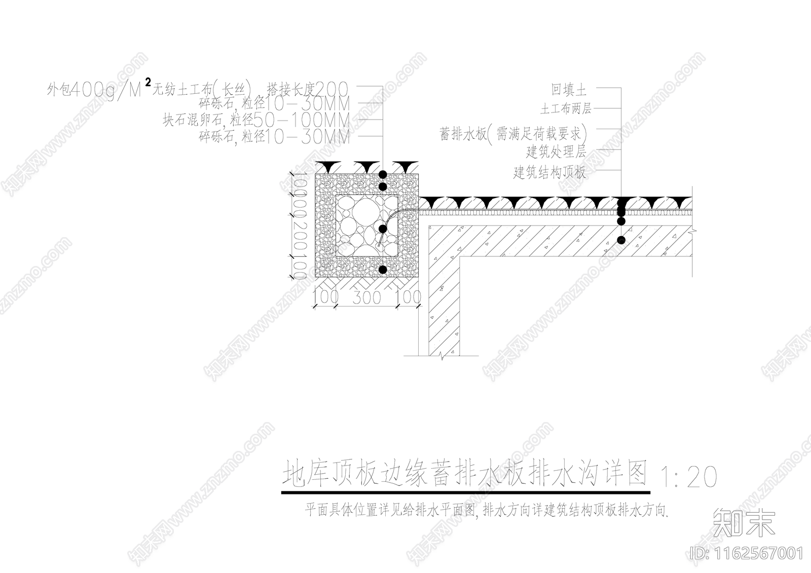 地库顶板边缘蓄排水板排水沟详图cad施工图下载【ID:1162567001】